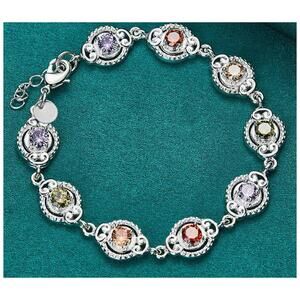 Multicolor vintage link - Bracelet - Silver - CZs - 6.5-8"